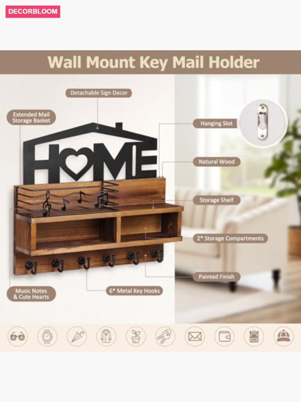 Wooden Key Holder Wall Mount with Shelf and 6 Hooks - Picture 5 of 7